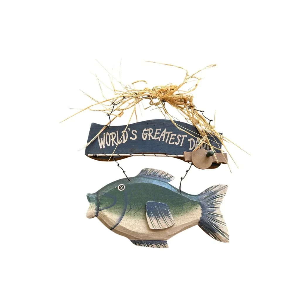 Vintage Rustic Wood Worlds Greatest Dad Fishing Sign‎ Wall Decor Fish Art